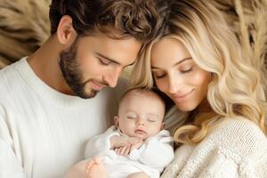 A serene depiction of the holy family with parents lovingly cradling their sleeping child in a minimalist setting photo