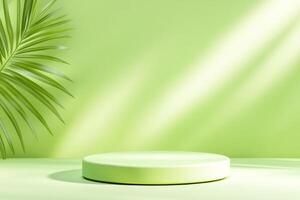 Minimalist green podium mockup with soft light and graphic elements in a serene setting photo