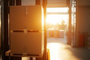 Forklift transporting cardboard boxes towards loading dock in bright warehouse with sunlight photo