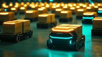 Futuristic logistics warehouse with autonomous robots transporting cardboard boxes efficiently photo