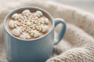 Cozy hot chocolate topped with snowflake marshmallows on a soft knit blanket for winter warmth photo
