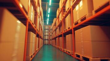 Brightly lit warehouse with organized shelves stacked high with cardboard boxes during a busy logistics operation photo