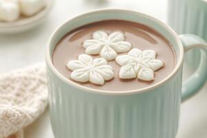 Cozy winter mug filled with hot chocolate topped with snowflake marshmallows on a soft knit blanket photo