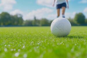 Young girl determinedly kicks a soccer ball on a vibrant green field with trees blurred in the background photo