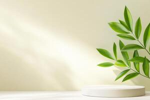 Minimalist podium mockup with abstract green foliage and soft lighting in a serene setting photo