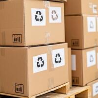 Close-up of stacked cardboard boxes on a wooden pallet with shipping labels and handling symbols on a white background photo
