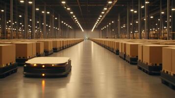 Futuristic logistics warehouse with robots transporting pallets of cardboard boxes in a clean and organized space photo