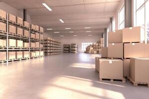 Organized warehouse interior with high metal shelves and pallets of cardboard boxes for logistics operations photo