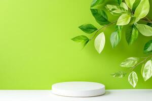 Minimalist podium mockup on white platform with abstract green foliage in soft lighting from a side angle photo