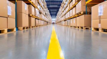 Modern distribution center showcasing automated conveyor system transporting cardboard boxes on pallets photo