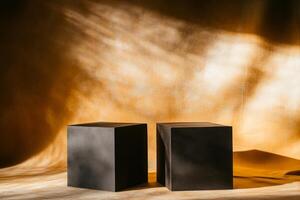 Minimalist podium mockups with black cubic platforms illuminated by dramatic lighting on a dark background photo