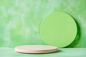 Minimalist podium mockups featuring circular platforms on a pastel green background with abstract shapes photo
