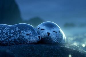 Two seals peacefully resting and interacting on a rocky shore under soft coastal light at dusk photo