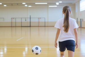 A girl demonstrates her kicking technique in an empty gym while practicing soccer skills photo