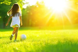 A girl joyfully kicks a ball in a vibrant park illuminated by soft natural light photo