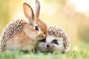 A pet rabbit and a hedgehog cuddle in a sunny meadow with soft grass and a dreamy background photo
