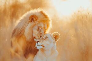 Two lions nuzzle affectionately in warm sunlight on a serene savanna filled with tall grass during golden hour photo