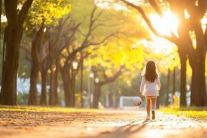 A girl kicks a ball in a park filled with trees as warm sunlight shines through the leaves creating a playful atmosphere photo