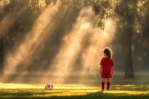Young girl in red soccer uniform kicks a ball on a sunny grassy field surrounded by trees photo