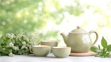 Herbal tea setup with ceramic teapot and cups surrounded by fresh herbs in a tranquil, rustic setting photo