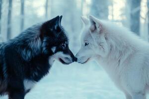 Wolves gazing into each others eyes in a snowy forest under soft winter light photo
