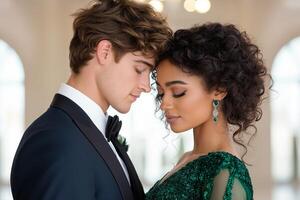 Elegant couple sharing a romantic moment in a grand ballroom with arched windows and midday sunlight photo