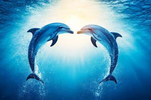 Two dolphins leap together in synchronized motion over the ocean creating a heart shape under bright sunlight photo