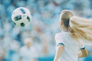 A girl in a white jersey with blue accents kicking a soccer ball in front of a cheering crowd during a match photo