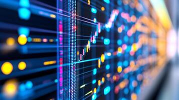 Futuristic holographic display showcasing dynamic business analytics in a modern workspace at night photo