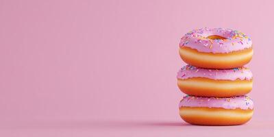 Colorful stacked donuts with vibrant frosting and sprinkles against a pastel background photo