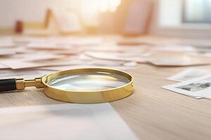 The workspace of a detective is filled with various investigation files and scattered photographs photo