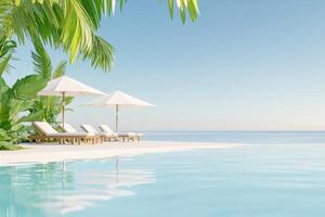 Tranquil resort pool at dawn with lounge chairs and tropical greenery in the background photo