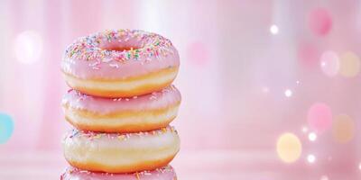 Colorful stacked donuts with vibrant frosting and sprinkles against a soft pastel background photo