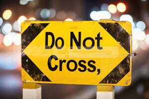 Caution tape with bold yellow and black colors warning not to cross, illuminated by dramatic lighting in urban setting photo