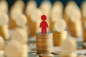 A person stands on a stack of coins surrounded by a crowd symbolizing financial inequality and social disparity photo