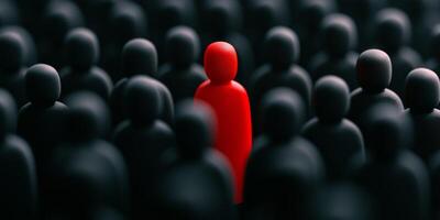 In a sea of gray figures, a vivid red figure captures attention, symbolizing the concept of individuality and uniqueness photo