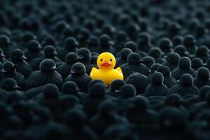 A single yellow rubber duck stands out among a crowd of black ducks in a dark environment photo