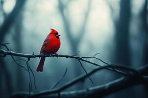 A striking red cardinal perched on a dark branch in a misty forest backdrop of soft grey tones photo