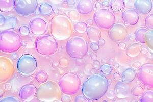 Holographic bubbles floating elegantly on a soft pastel background with shimmering effects photo