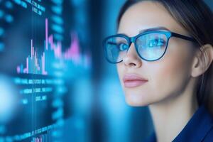 A woman analyzes financial data while wearing augmented reality glasses in a modern workspace setting photo