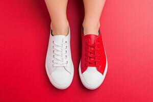 A person showcases mismatched red and white shoes on a vibrant red background for unique self-expression photo