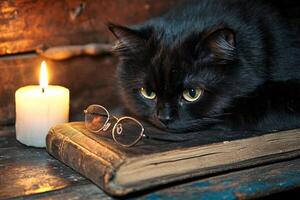 A vintage book, reading glasses, and a curious black cat by candlelight on a rustic desk photo