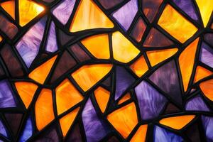 Vibrant geometric mosaic of stained glass in bold oranges and purples with intricate patterns and sharp edges photo