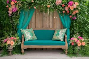 Boho garden setting with floral arch and wooden backdrop creates a festive outdoor ambiance photo