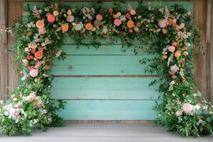 Charming boho garden setting with vibrant flower arch and wooden backdrop for outdoor celebrations photo