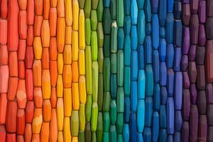 Vibrant color pencils arranged in a circular rainbow pattern against a minimalistic background photo