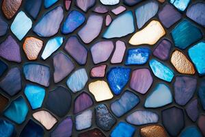 Intricate geometric mosaic of vibrant stained glass colors with clean edges creating an artistic pattern photo