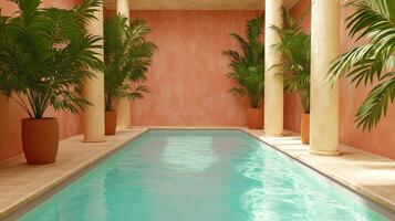 Secluded poolside retreat at a beach resort with tropical plants and palm trees photo
