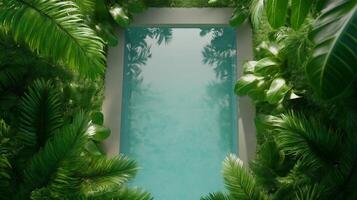 Secluded tropical poolside area at a beach resort surrounded by lush greenery and palm trees photo