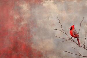 A red cardinal perched on bare branches against a dramatic dark background with muted burgundy and grey tones photo